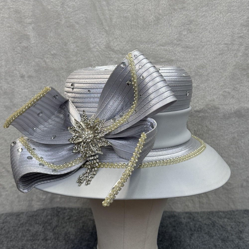 Elite Champagne Hat Adjustable Silver Satin Wide Brim Rhinestone Derby Church